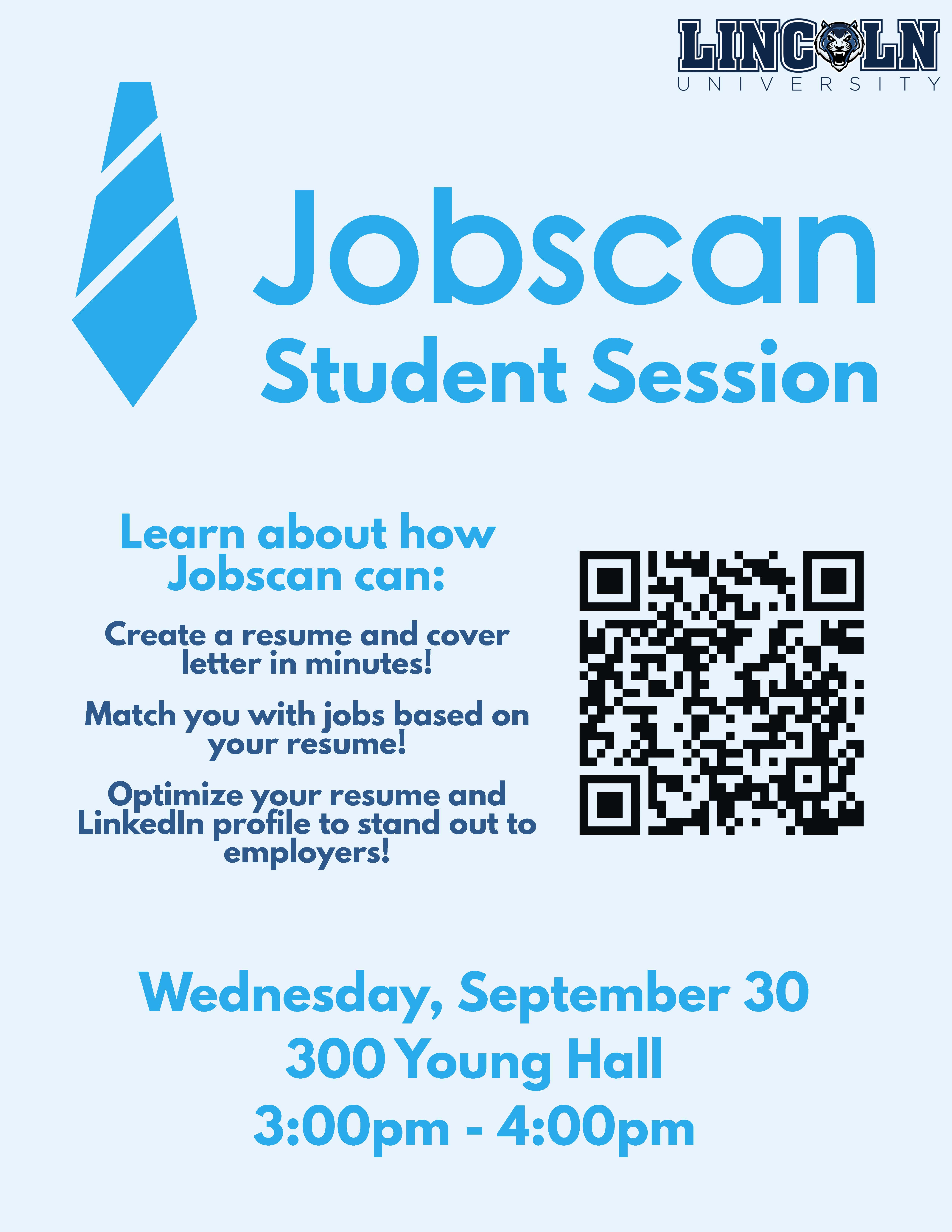 Jobscan Student Session Resume Workshop. Full details and registration link below.