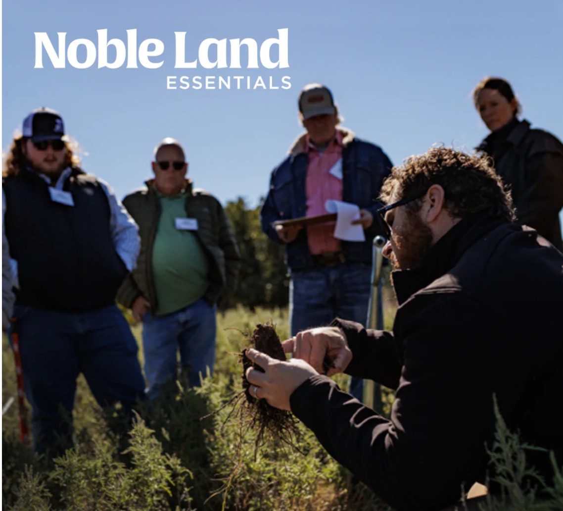 Noble Land Essentials graphic with photo of workshop participants listening to an instructor in a field