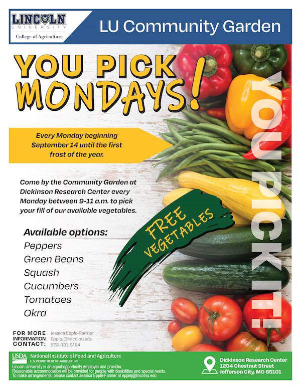 Flyer promoting LU Community Garden You Pick Mondays for free vegetables. Full event details included below.