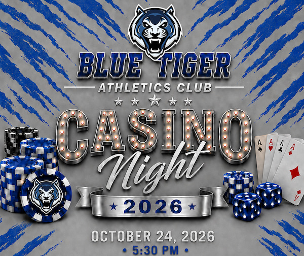 Blue Tiger Athletics Club Casino Night 2026, Oct. 24 at 5:30 p.m., featuring casino-themed graphics.