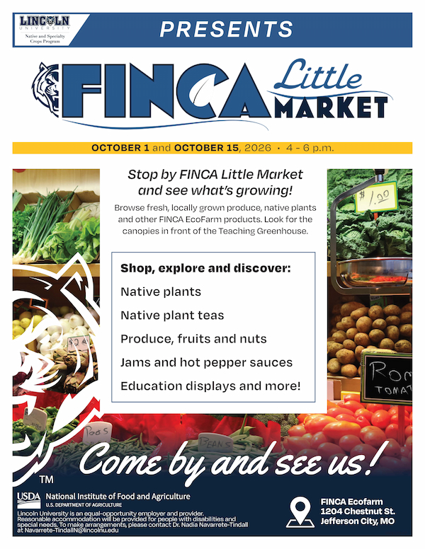 FINCA Little Market flyer featuring fresh produce, native plants and locally made products available Oct. 1 and 15. Full details below.