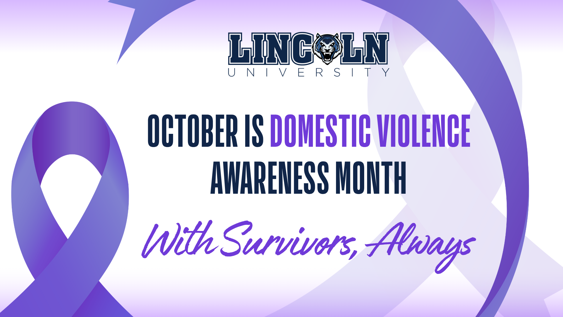 Purple awareness ribbon graphic for Domestic Violence Awareness Month with the message “With Survivors, Always.”