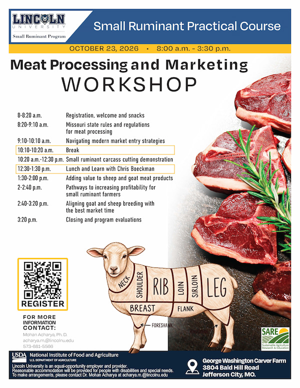 Small Ruminant Practical Course Meat Processing & Marketing flyer. Full content listed below.