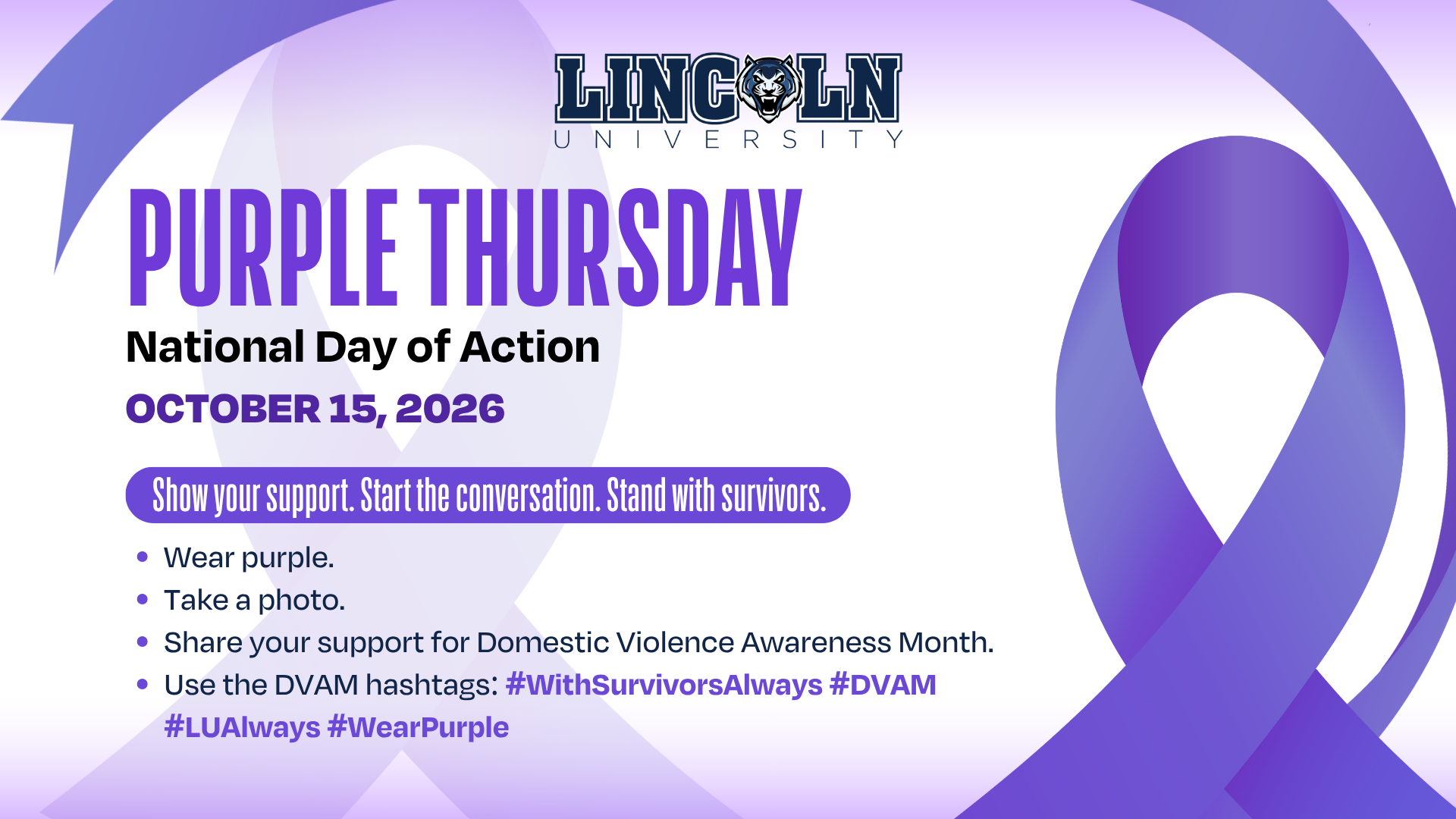 Graphic for Purple Thursday - National Day of Action - Oct. 16, 2026, with purple ribbon and Lincoln logo - full content below