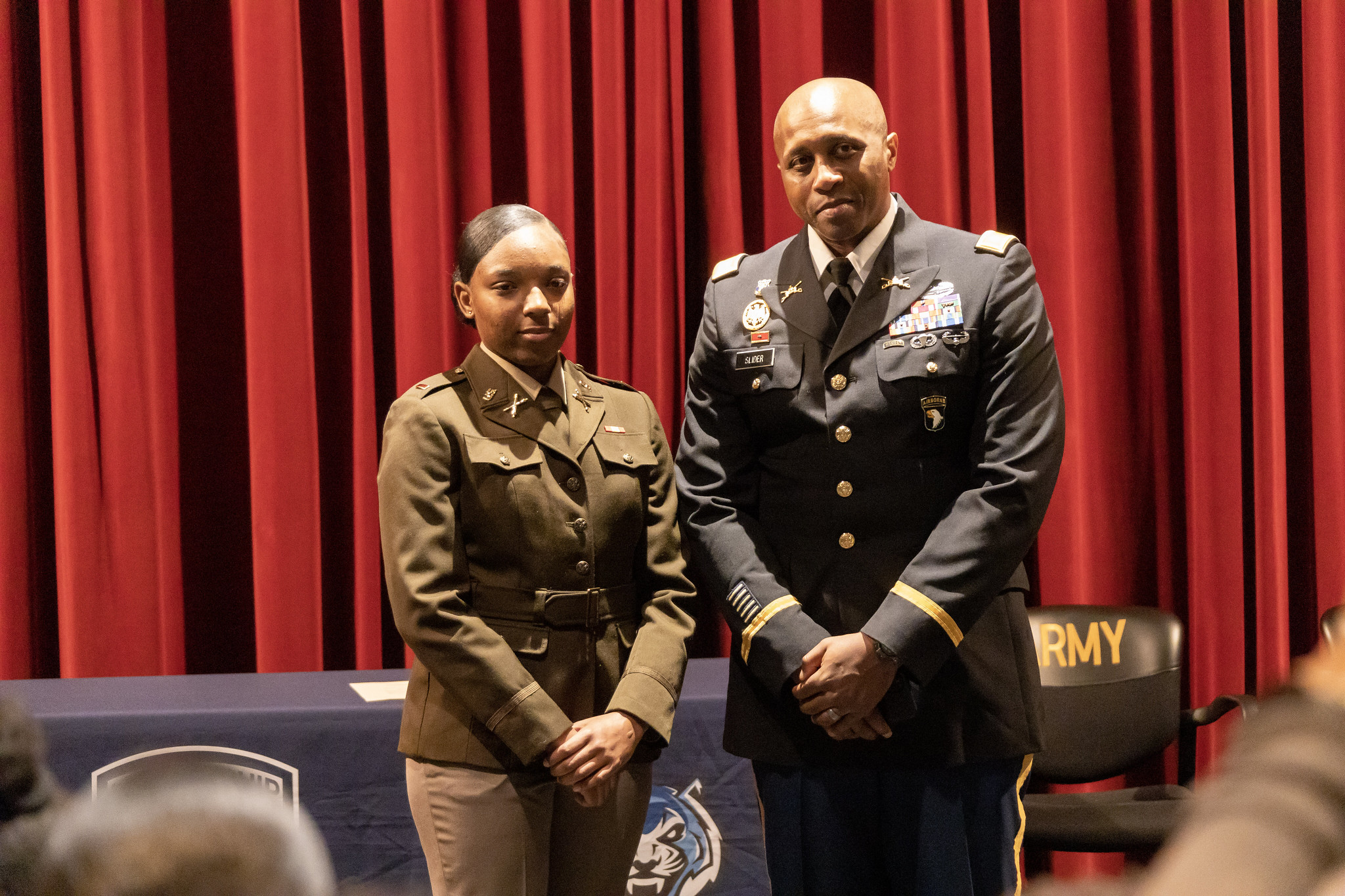 Lincoln University of Missouri alumni Lt. Col. Charles V. Slider III (right) spoke during the Fall 2022 Commissioning Ceremony for Cadet Christiaunna Kelley (left), the first female combat arms officer to commission from Lincoln’s Army ROTC program.