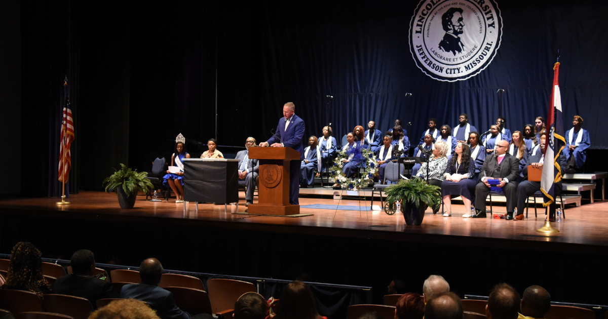Lincoln University of Missouri President Dr. John Moseley addresses the crowd during LU’s 2023 Founders’ Day, honoring the enlisted Black men and white officers of the 62nd and 65th Colored Infantries who founded the University and fought to secure the right to education for freed Blacks following the Civil War.