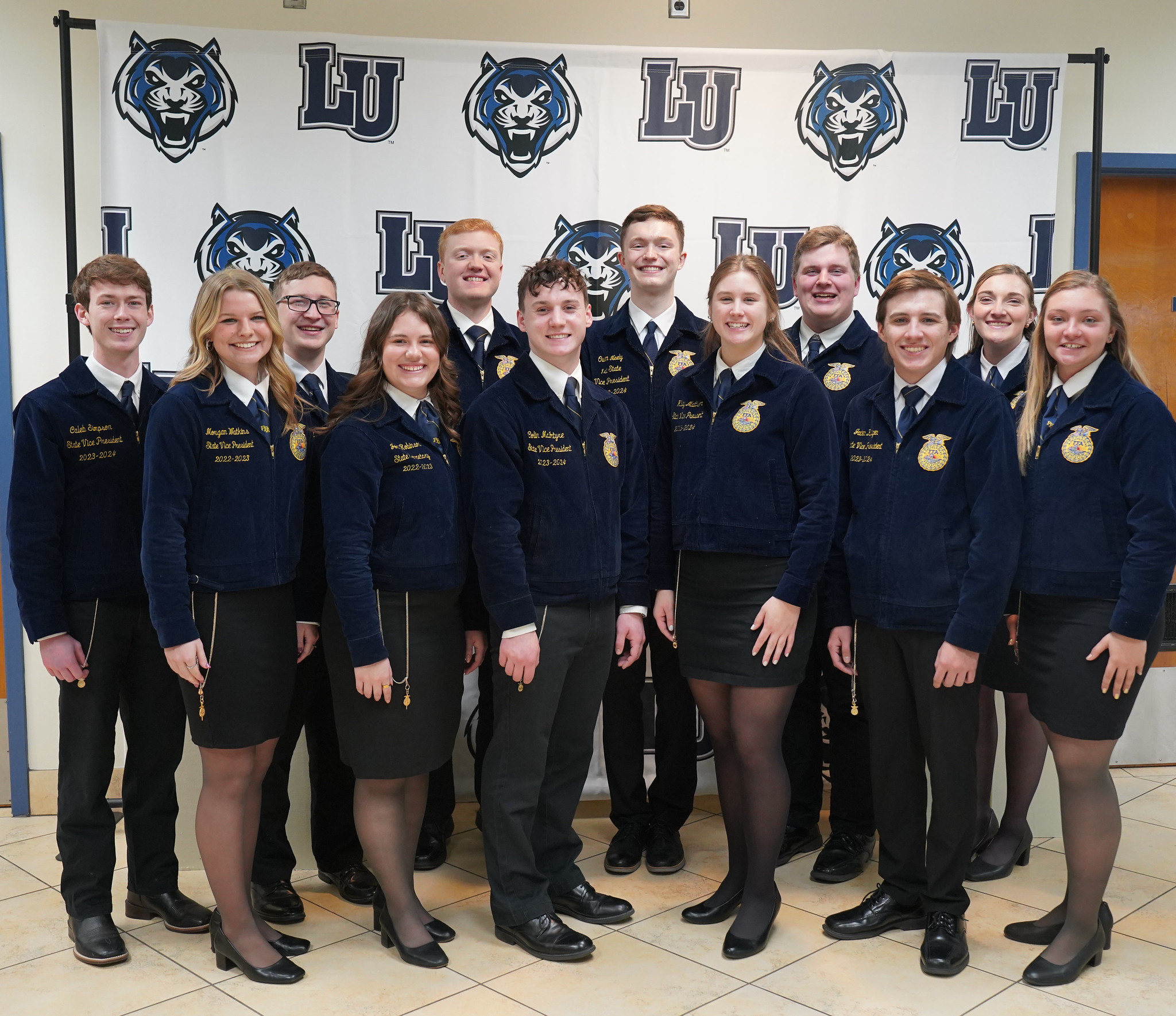 The State FFA Officer Team takes a group photo together at Lincoln University before traveling to other Greenhand Conferences across the state. 