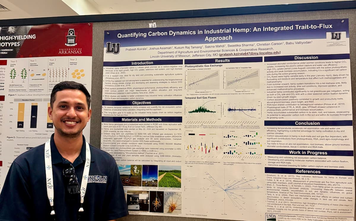 Prabesh Koirala, a graduate student in sustainable agriculture at Lincoln University of Missouri, stands next to his research poster, “Quantifying Carbon Dynamics in Industrial Hemp: An Integrated Trait-to-Flux Approach.”