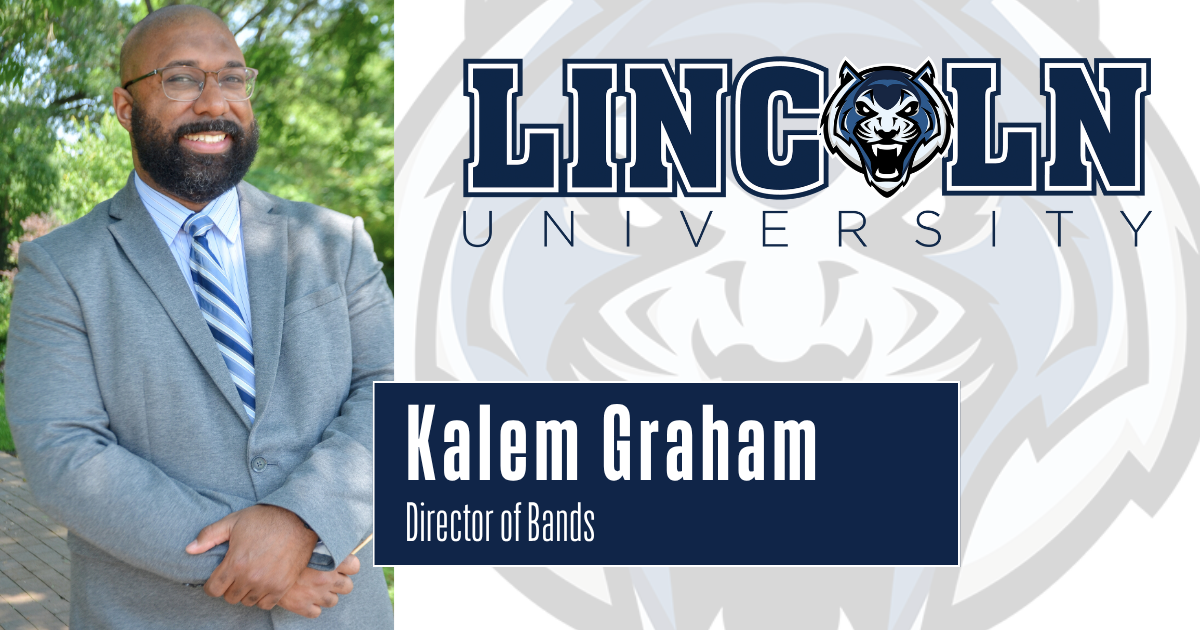 Kalem Graham stands in a suit and glasses while outside. The text on the graphic reads, "Kalem Graham, Director of Bands."