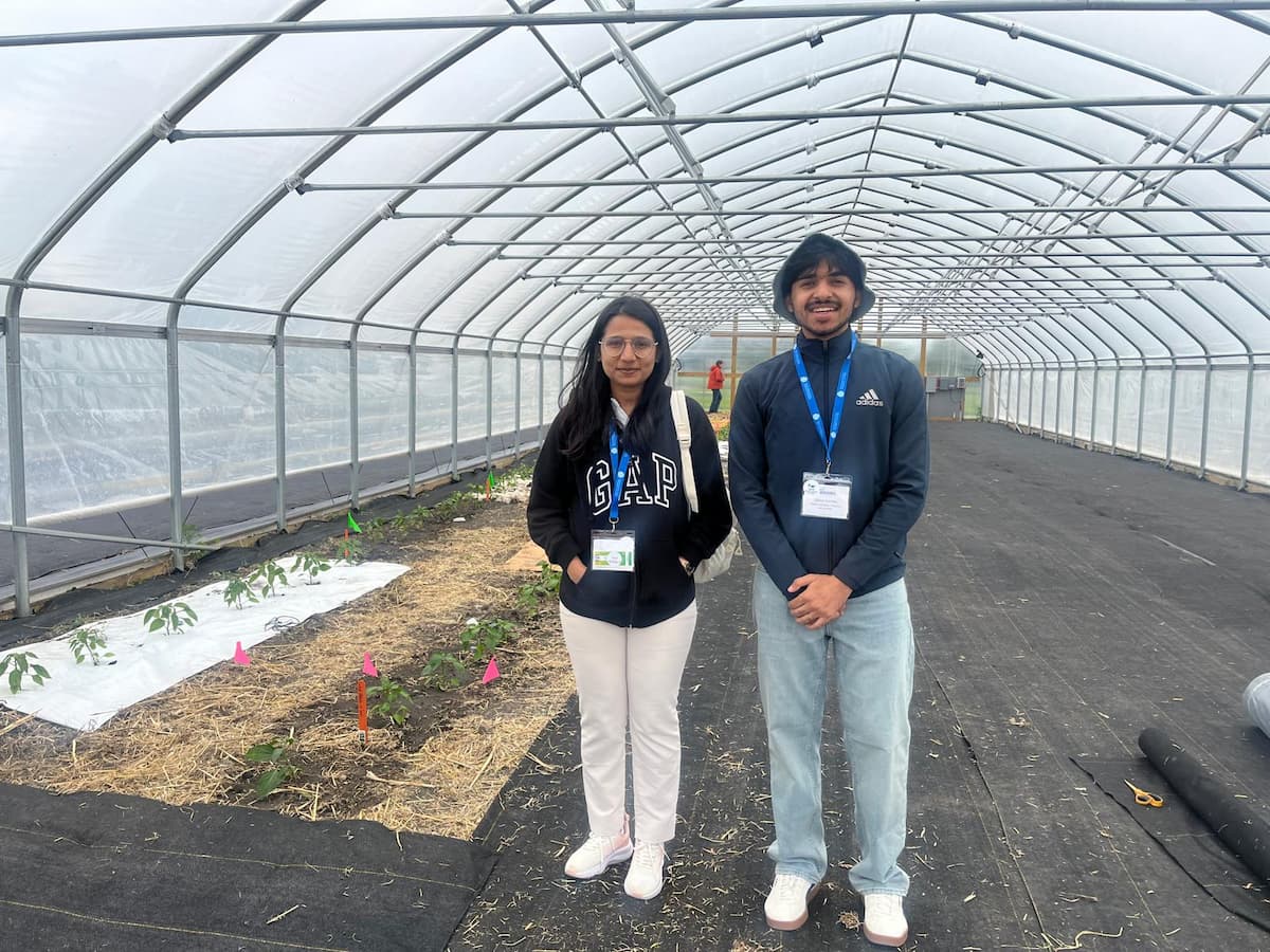 Two people stand next to a line of small plants inside a large greenhouse.