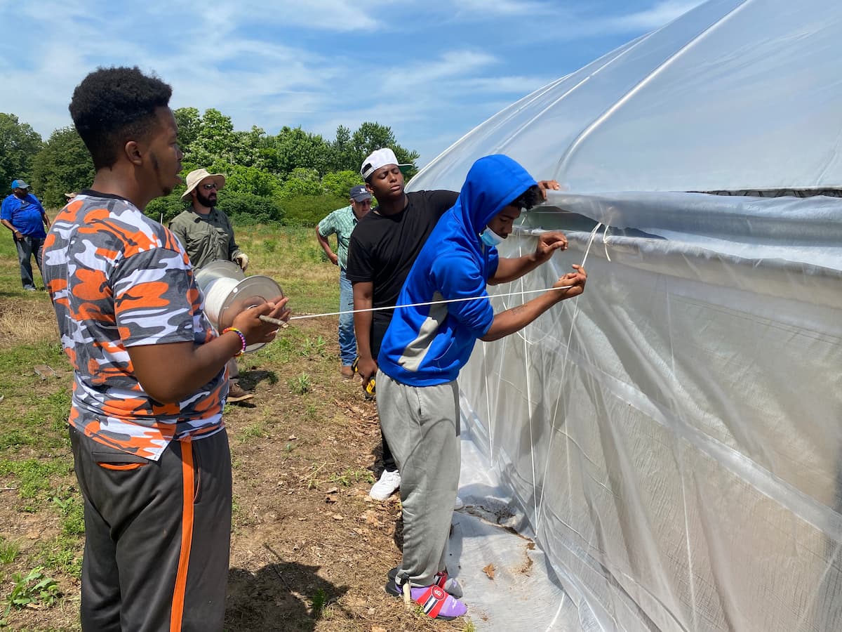 Three young men work together to tie the roof on a greenhouse-like structure.