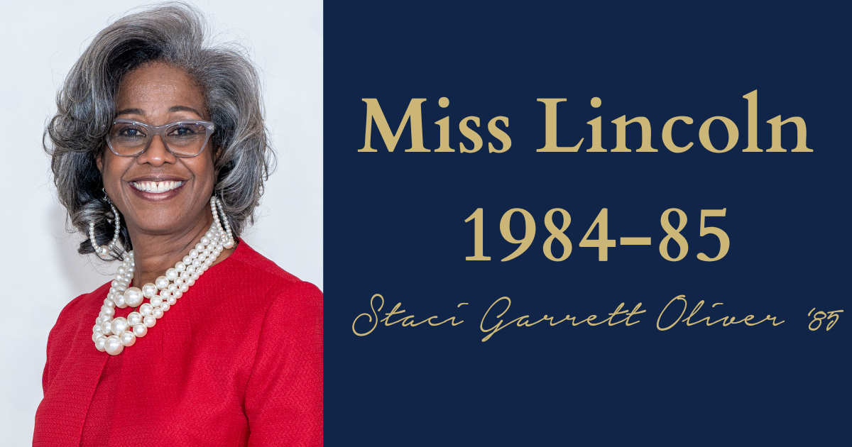 Headshot image of Staci Garrett Oliver with the text "Miss Lincoln 1984-85, Staci Garrett Oliver '85"