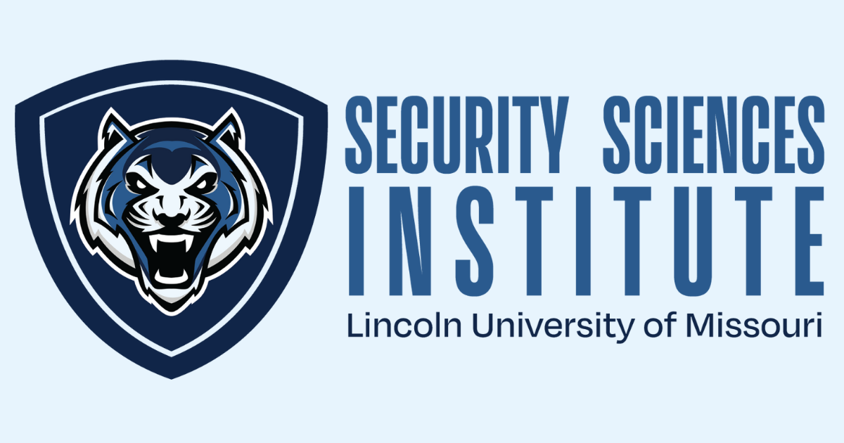 Blue background with a Blue Tiger logo and text that states, "Lincoln University of Missouri Security Sciences Institute." 