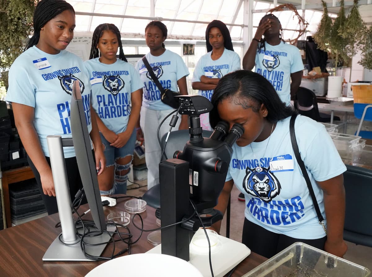 Teenagers stand in line behind a girl looking into a microscope.