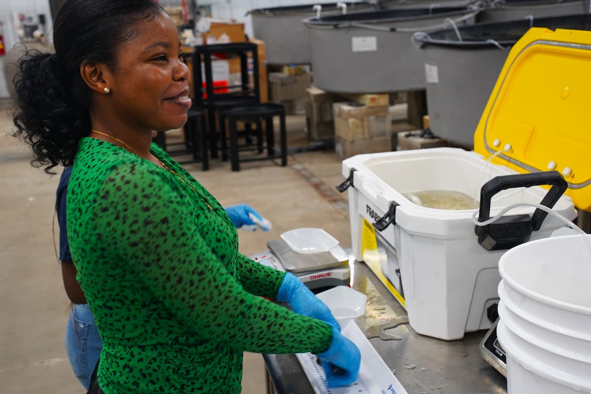 A young women stands smiling as she measures a rainbow trout on a table.