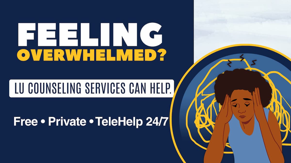 Lincoln University counseling flyer with QR code and stressed person illustration.