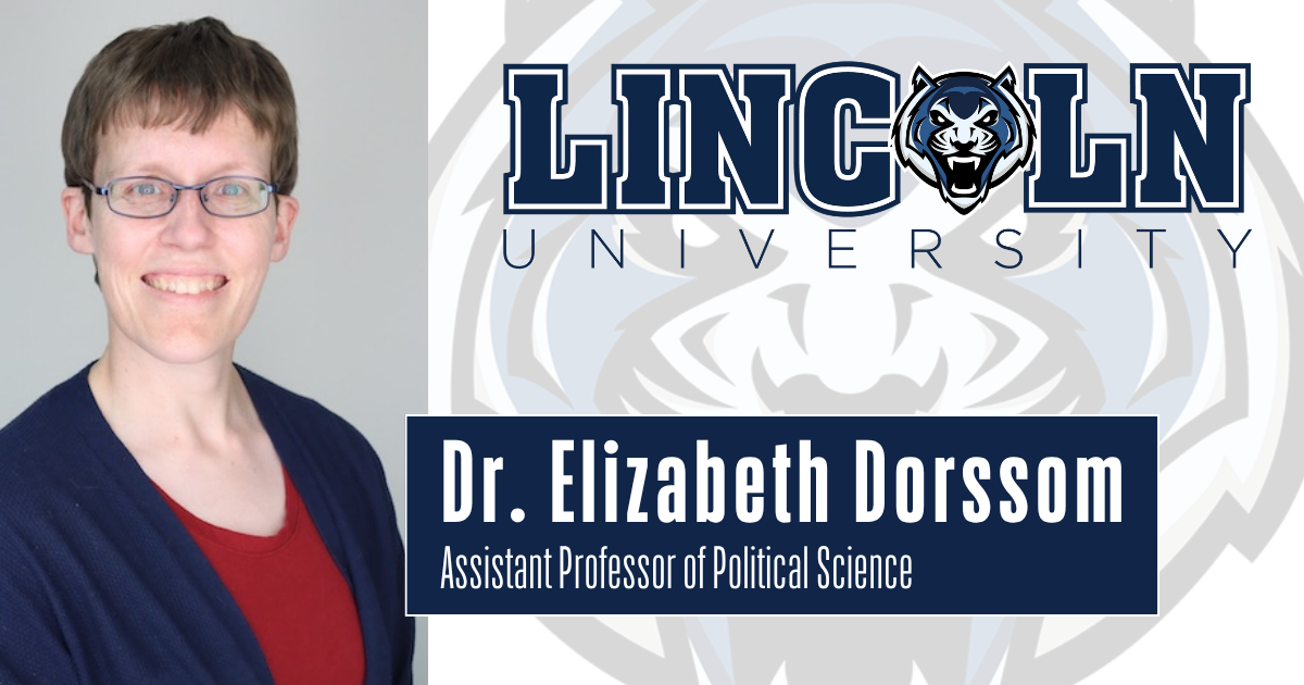 Headshot image of Elizabeth Dorssom with text stating her name and title, LU assistant professor of political science.