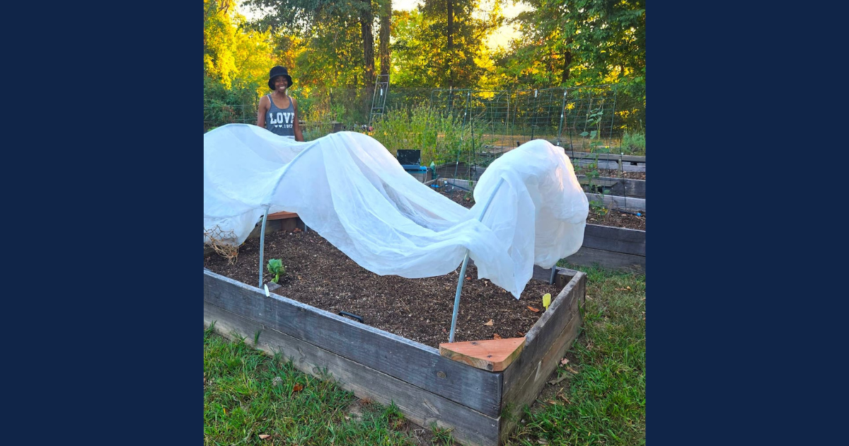 Kristine Howze, an ISFOP participant, prepares to transplant kale beneath a low tunnel protected by an insect net.