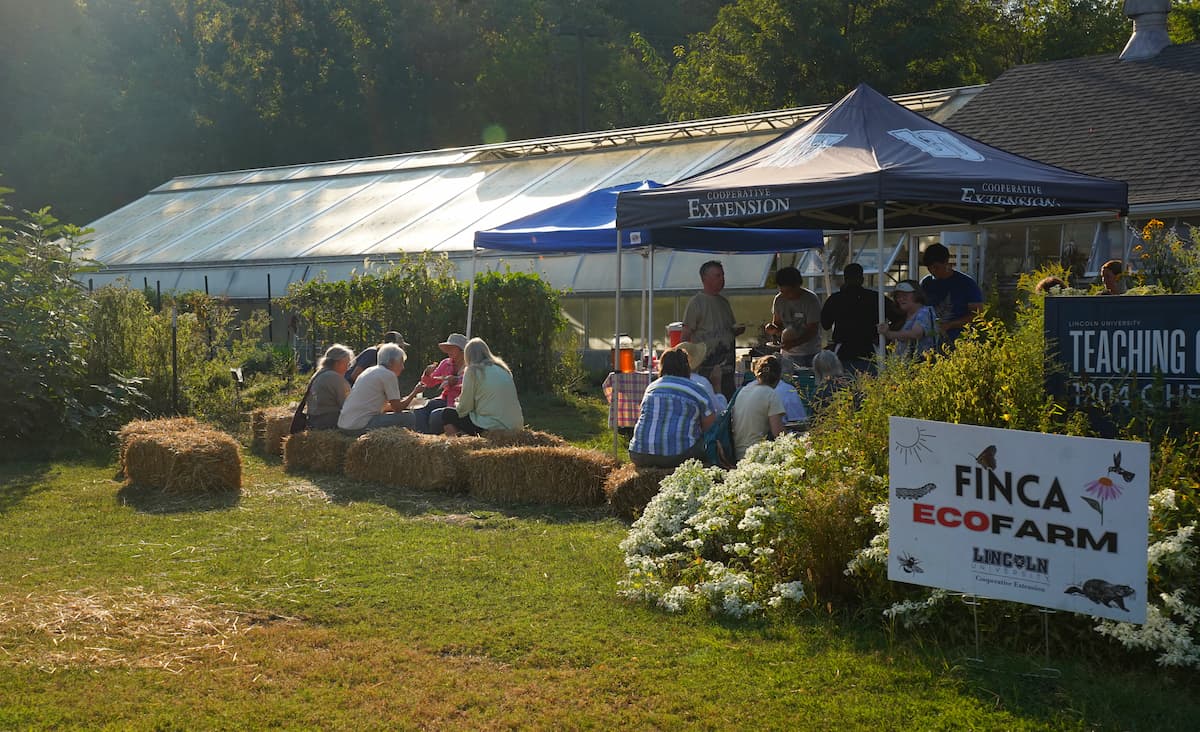 Guests gather outside the greenhouse at Lincoln University’s Finca EcoFarm during the first Ferntastic Fair.