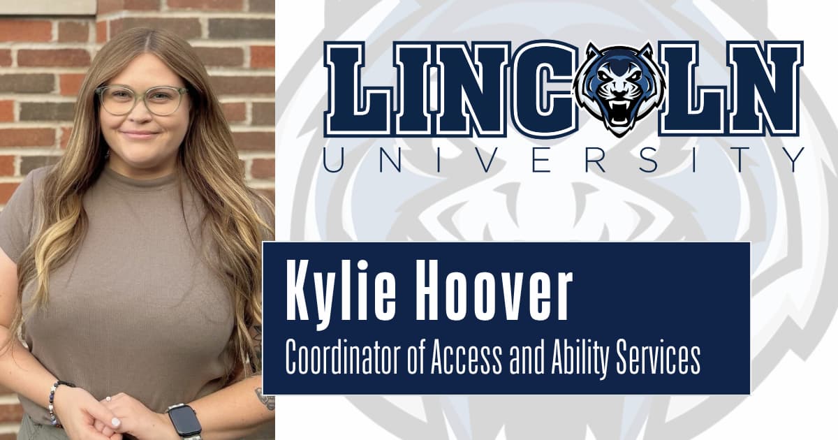 Kylie Hoover, Coordinator of Access and Ability Services at Lincoln University, stands smiling beside the university logo background