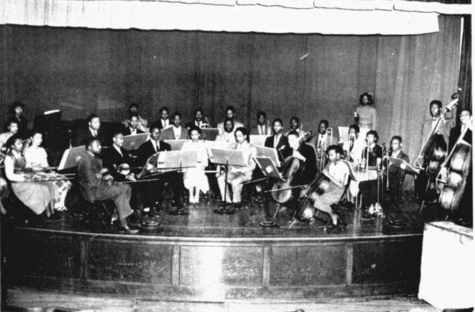 Black and white image of the Lincoln University of Missouri band in 1950.