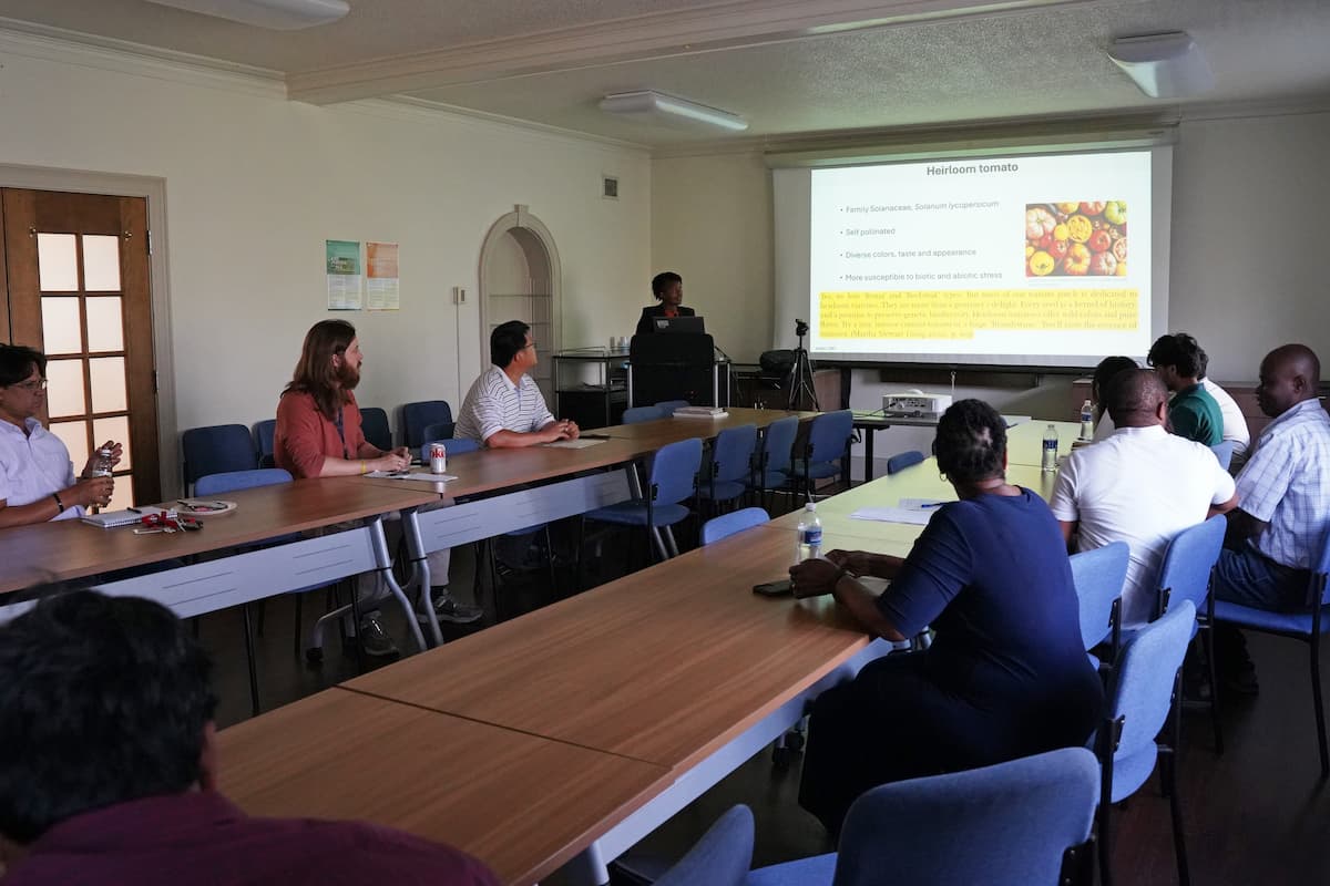 Several people sit at tables watching a woman give a PowerPoint presentation.