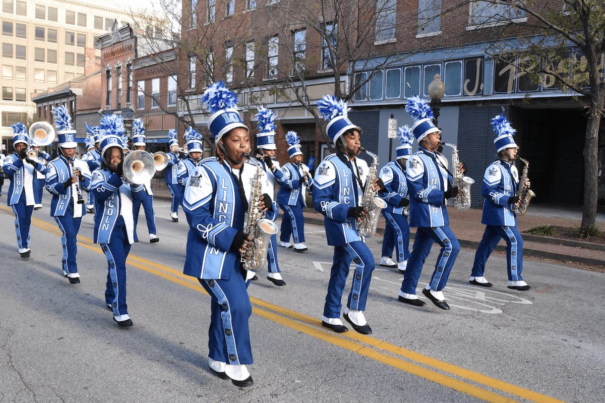 The Lincoln University of Missouri band marches down the streets of Jefferson City during the Homecoming parade.