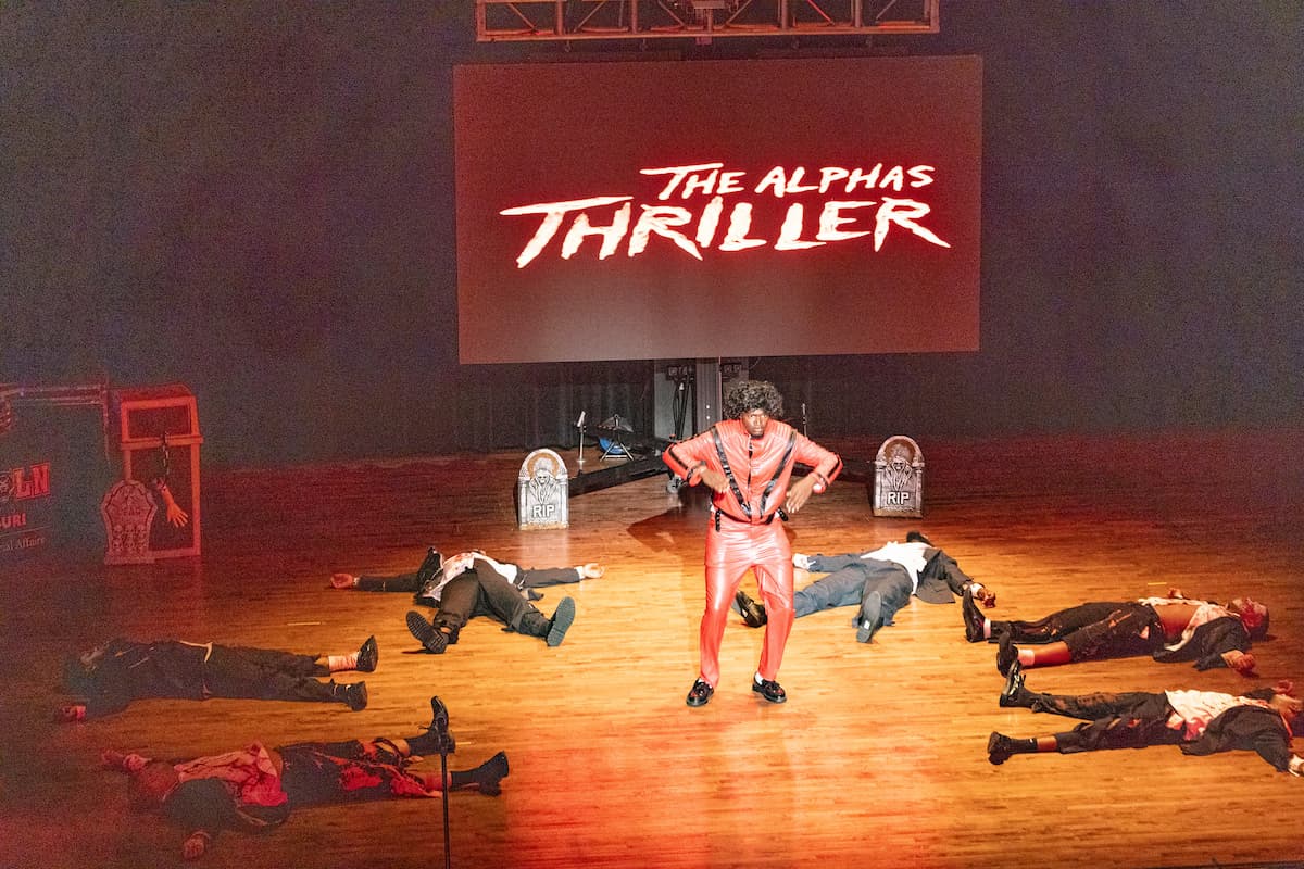 Lincoln University students perform a Thriller Michael Jackson routine on stage during Homecoming step show.