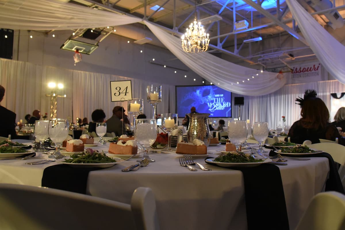 Jason Hall is decorated in blue and white for the Lincoln University of Missouri Masked Ball.