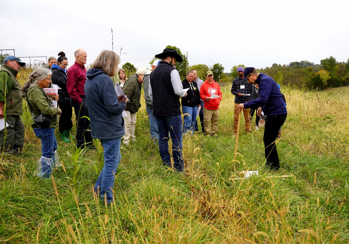 Dr. Homero Salinas demonstrates how to use a grazing stick to estimate forage height and determine paddock size during the Small Ruminant Practical Course at Lincoln University.