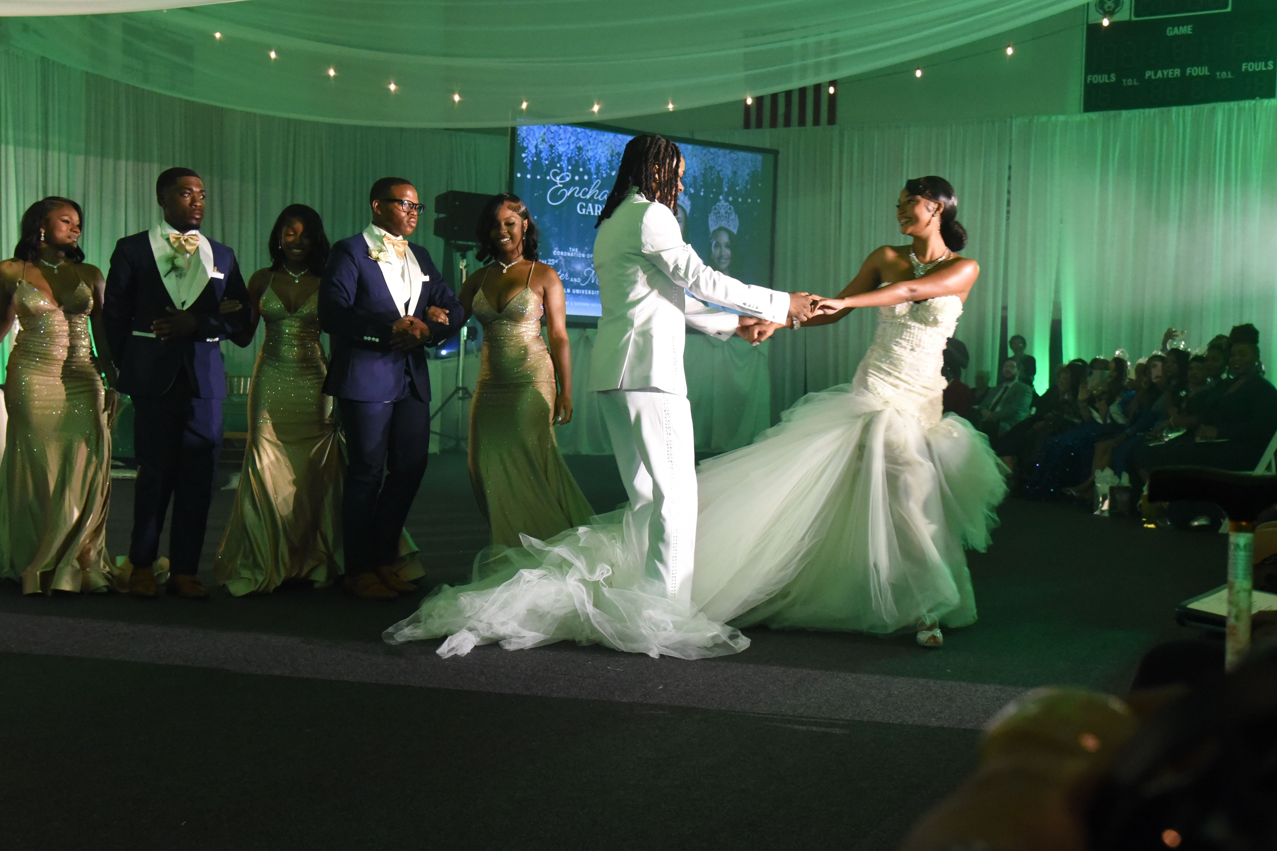 Mister Lincoln University and Miss Lincoln University share their first dance on stage during the 2025 Coronation ceremony.
