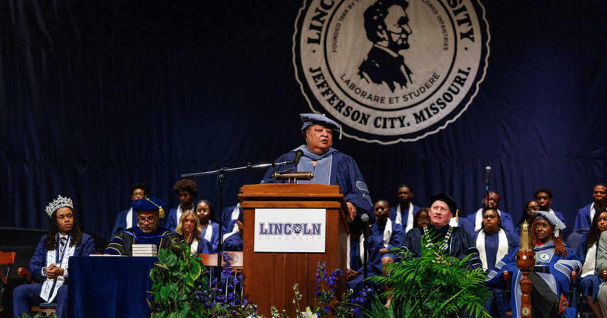 Valerie Daniels-Carter speaks at the podium during Lincoln University of Missouri’s Founders’ Day Convocation.