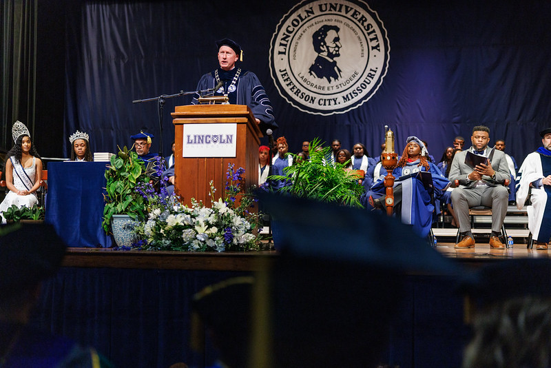 President John Moseley speaks at the podium during Lincoln University of Missouri’s Founders’ Day Convocation ceremony.