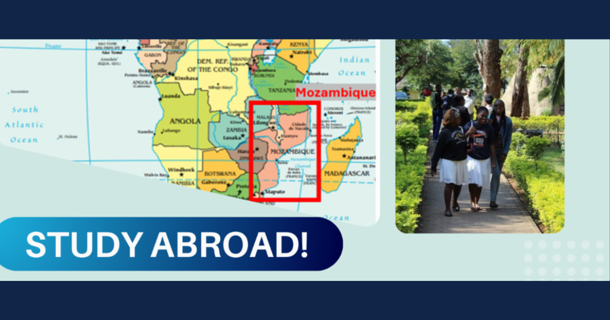 A map of southeastern Africa with Mozambique highlighted in red, next to a photo of students walking together along a garden pathway on a university campus. A blue banner reads ‘Study Abroad!’