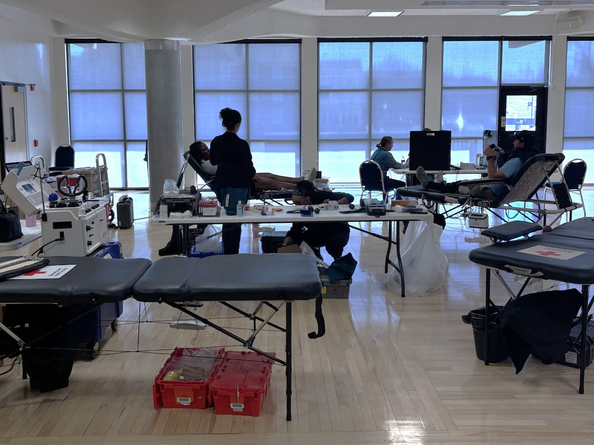 View of a room with a blood drive set up.