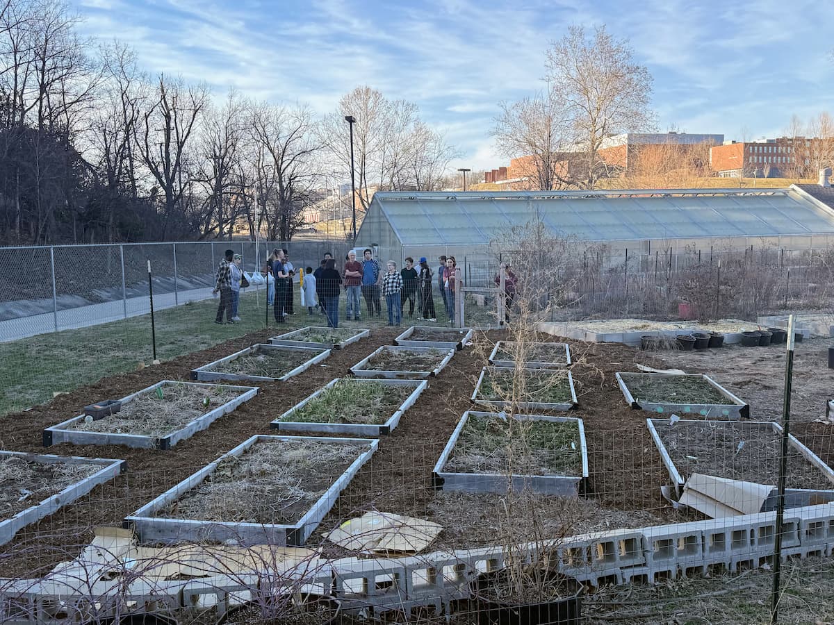 Community garden participants stand near raised beds at Finca EcoFarm as low tunnel techniques are discussed during a workshop.