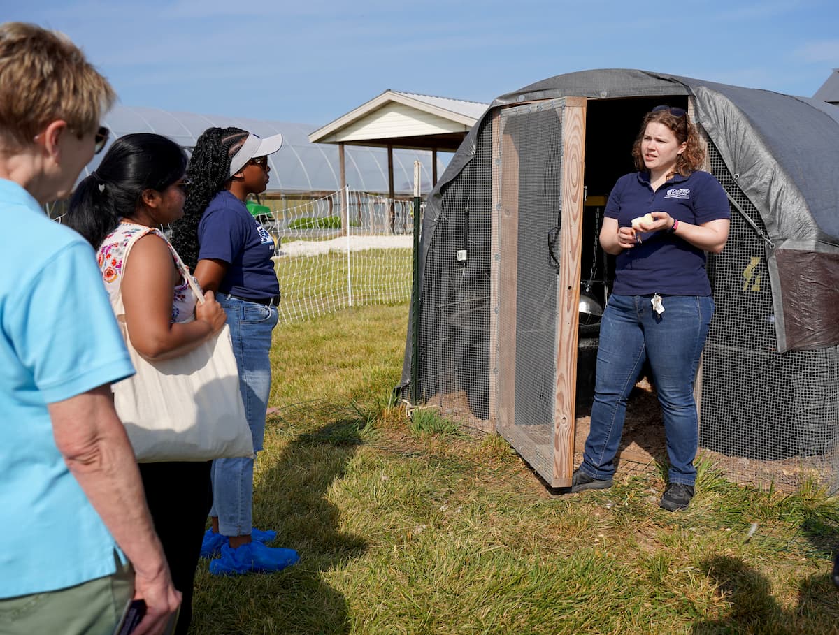 Woman standing in front of a chicken coop she has propped open with her foot.