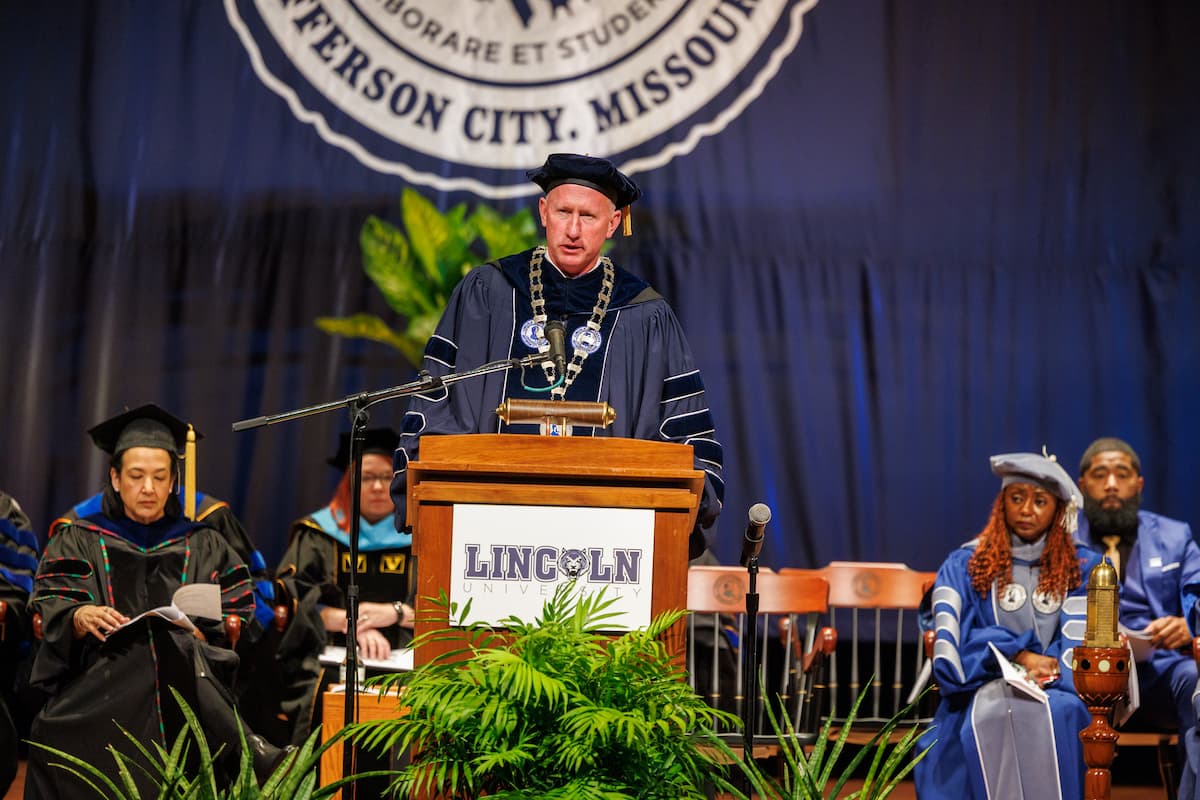 Lincoln University President John Moseley stands at a podium during the 2026 Honors Convocation.
