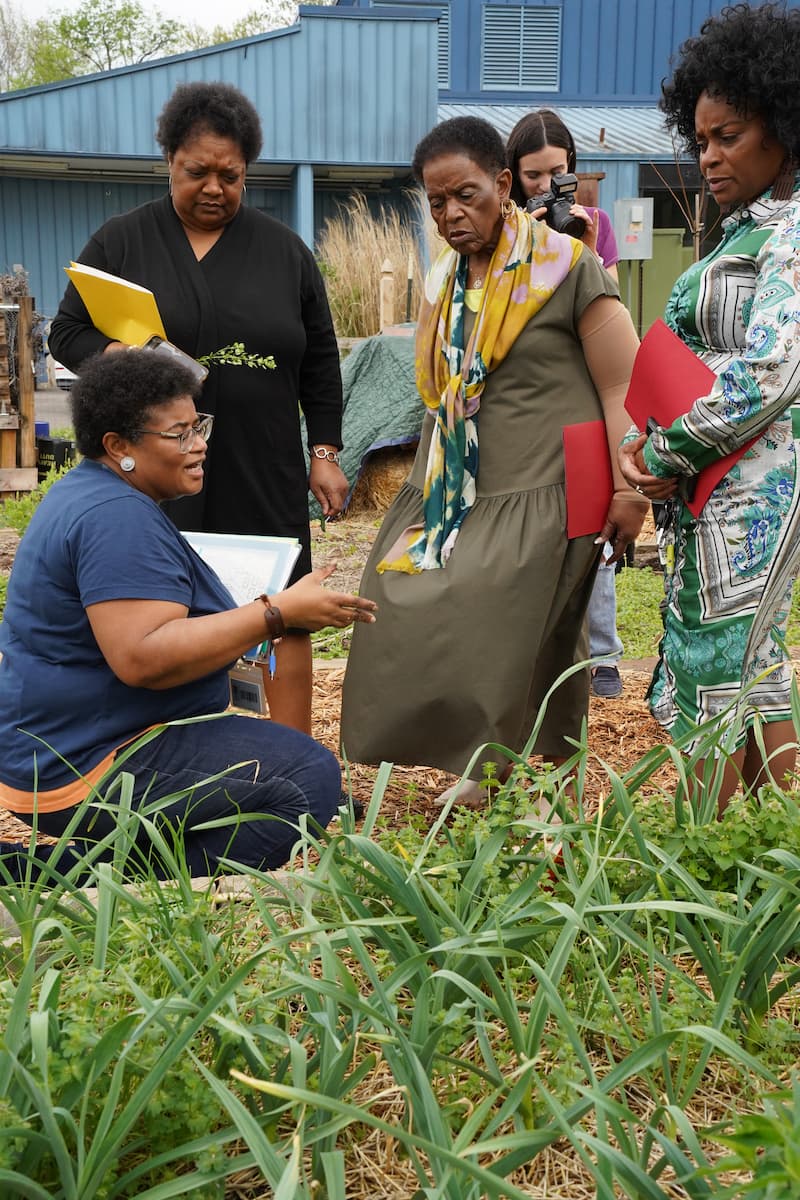 Tiffany Dixon kneels beside a raised garden bed while speaking with community garden participants.