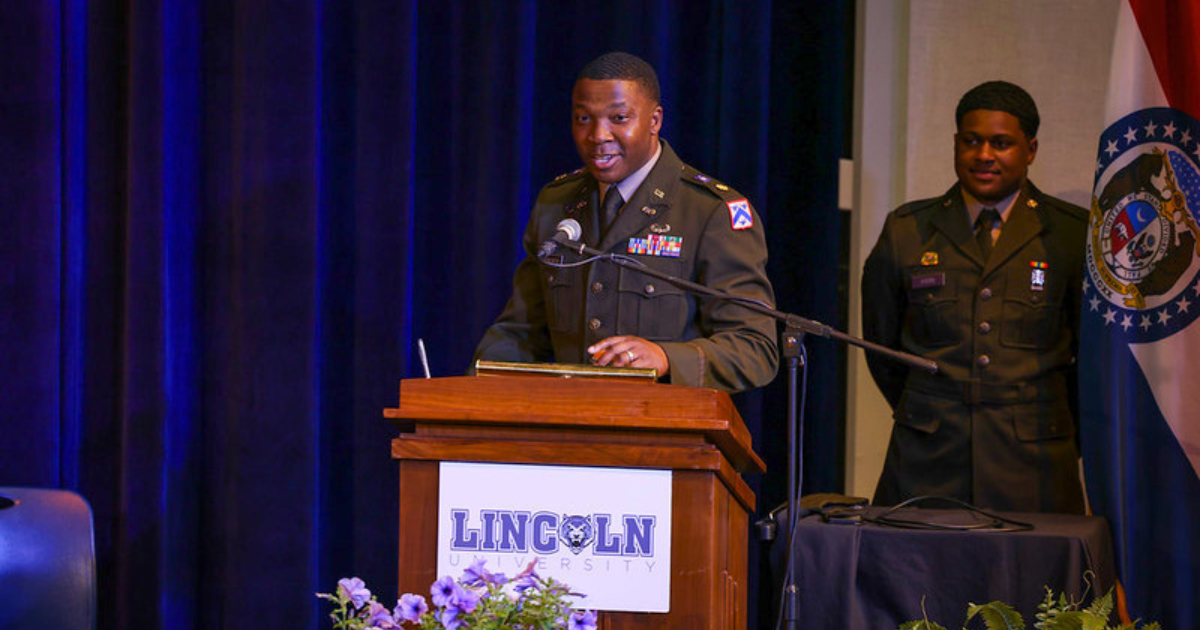 Major Edward N. Chukukere Sr. speaks during Lincoln University’s ROTC commissioning ceremony on May 8, 2026.