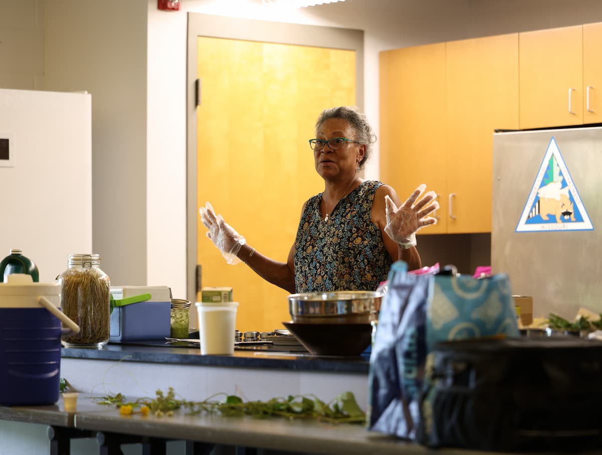 A woman stands behind a kitchen counter, speaking.