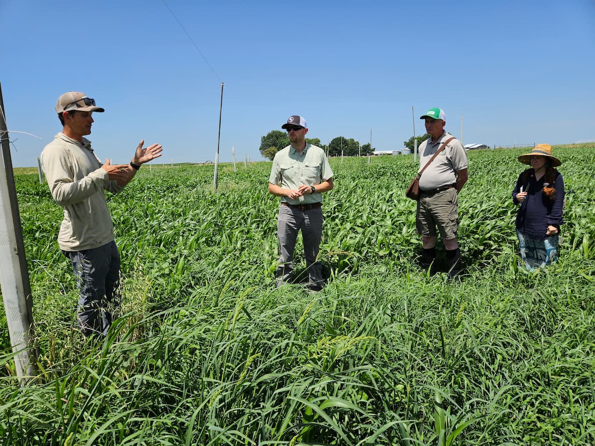 A small group of people gathered outdoors in a green field, while a person in a hat gives a presentation.
