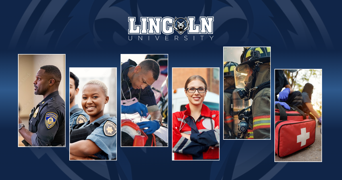 A blue background with six boxes with LU students working emergency services jobs. 
