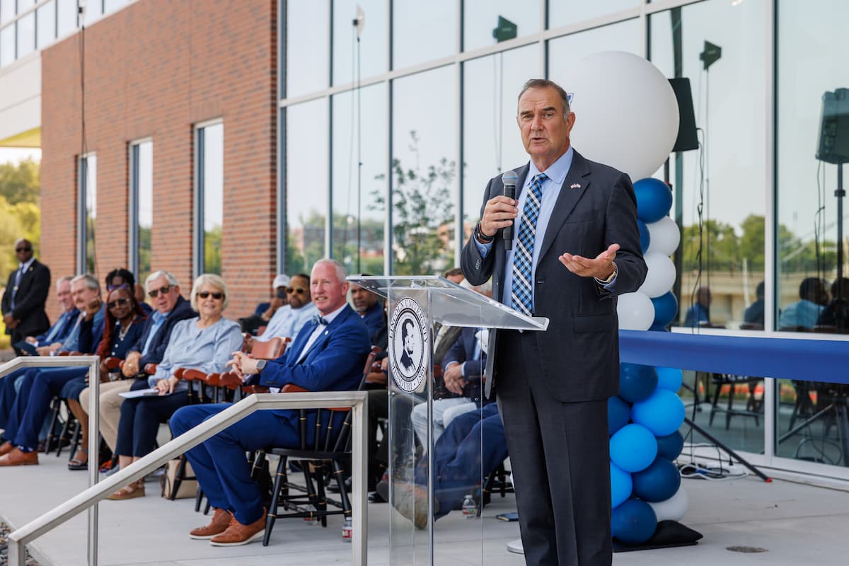 Missouri Gov. Mike Kehoe delivers remarks during the ribbon-cutting ceremony for Lincoln University of Missouri's new Health and Security Sciences Institute on Tuesday, Aug. 4.
