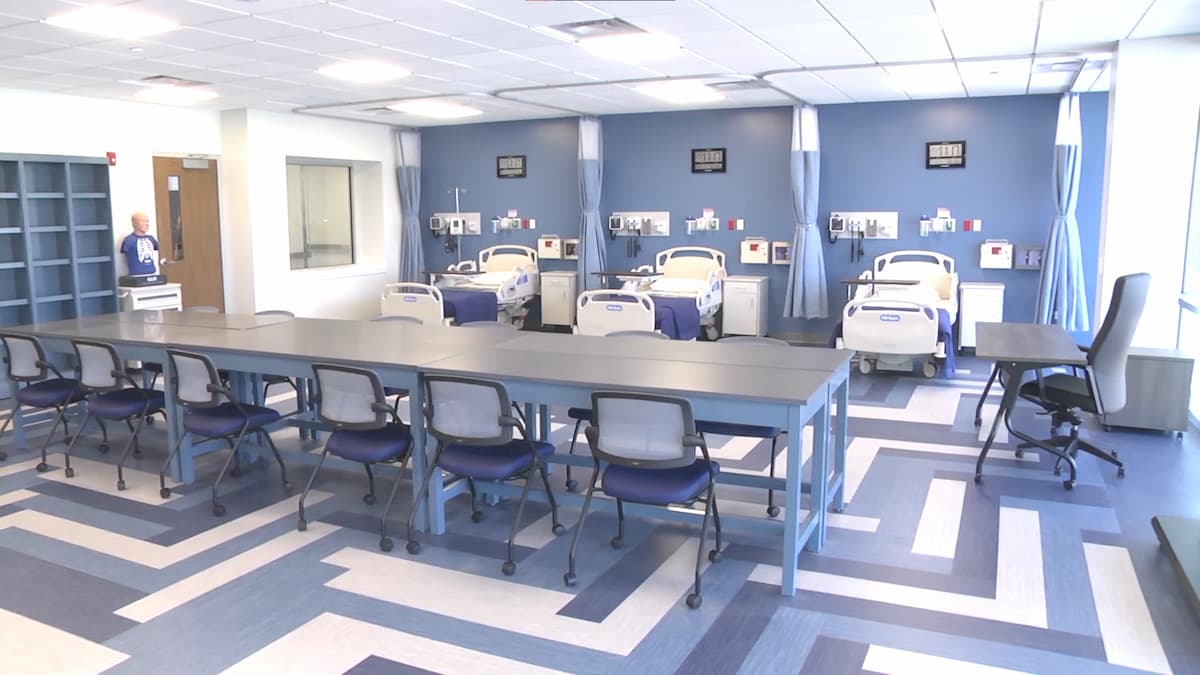 A view of the new nursing simulation laboratory inside Lincoln University's Health and Security Sciences Institute. The space features hospital-style patient care stations and collaborative learning areas designed to prepare nursing students through hands-on, real-world clinical training.