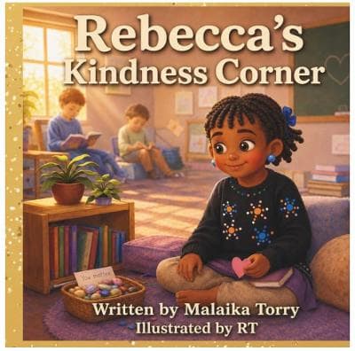 A book cover featuring a little girl sitting on the ground with the title, Rebecca's Kindness Corner.