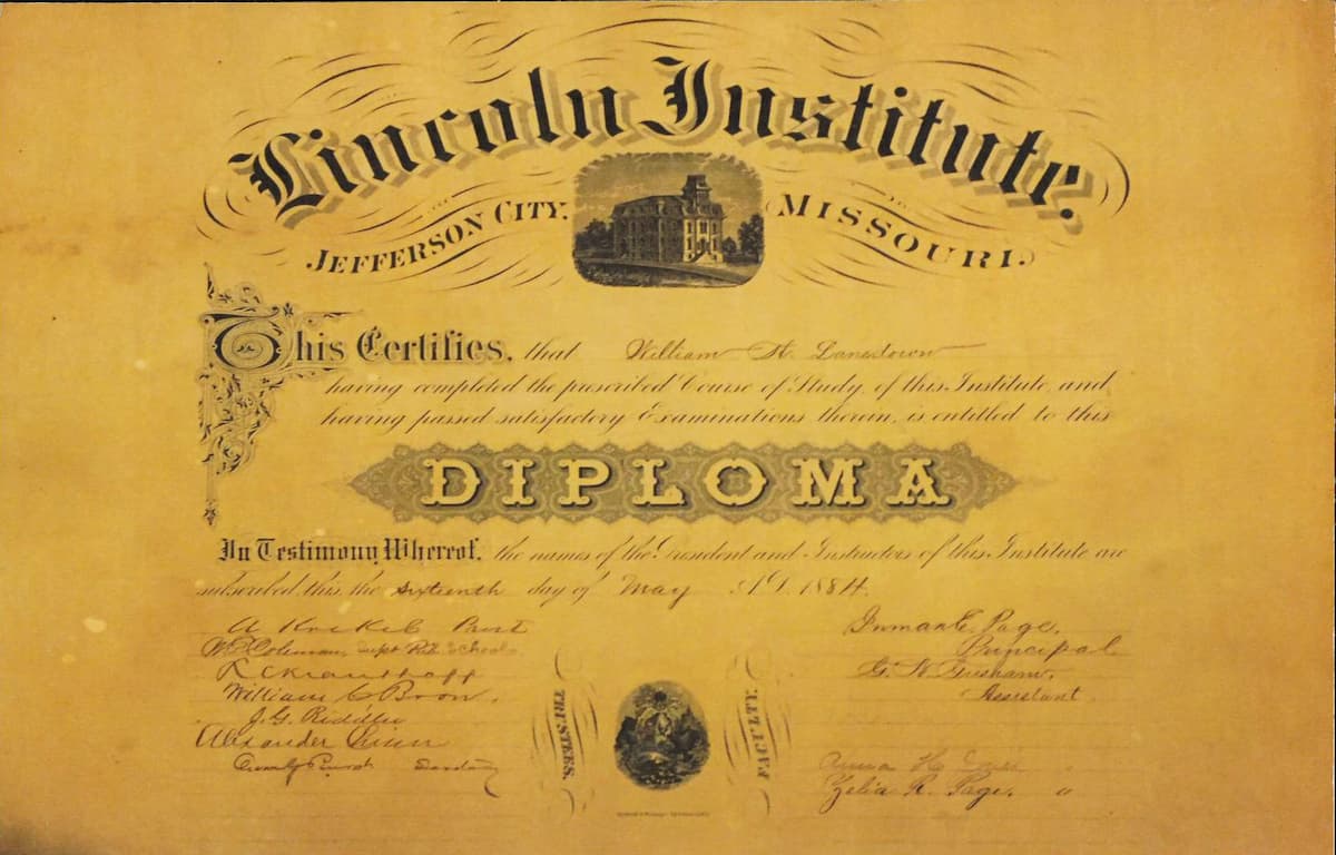 William Lansdown 1884 diploma-a Jefferson City native, born enslaved, Mr. Lansdown graduated with a 60-hour degree in Pedagogy, commonly known as Teacher Education.