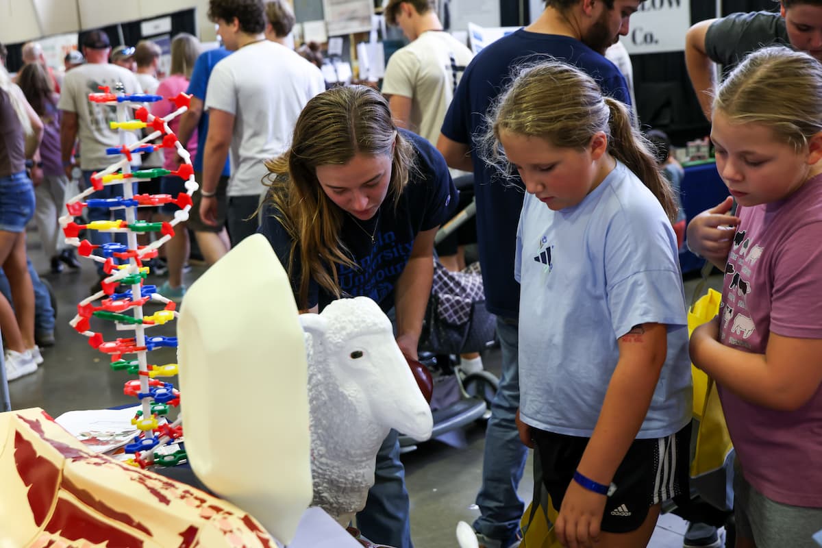 Sarah Glendening talks with two young Missouri State Fair visitors at the Lincoln University Small Ruminant Program display, which features a sheep model and educational materials.
