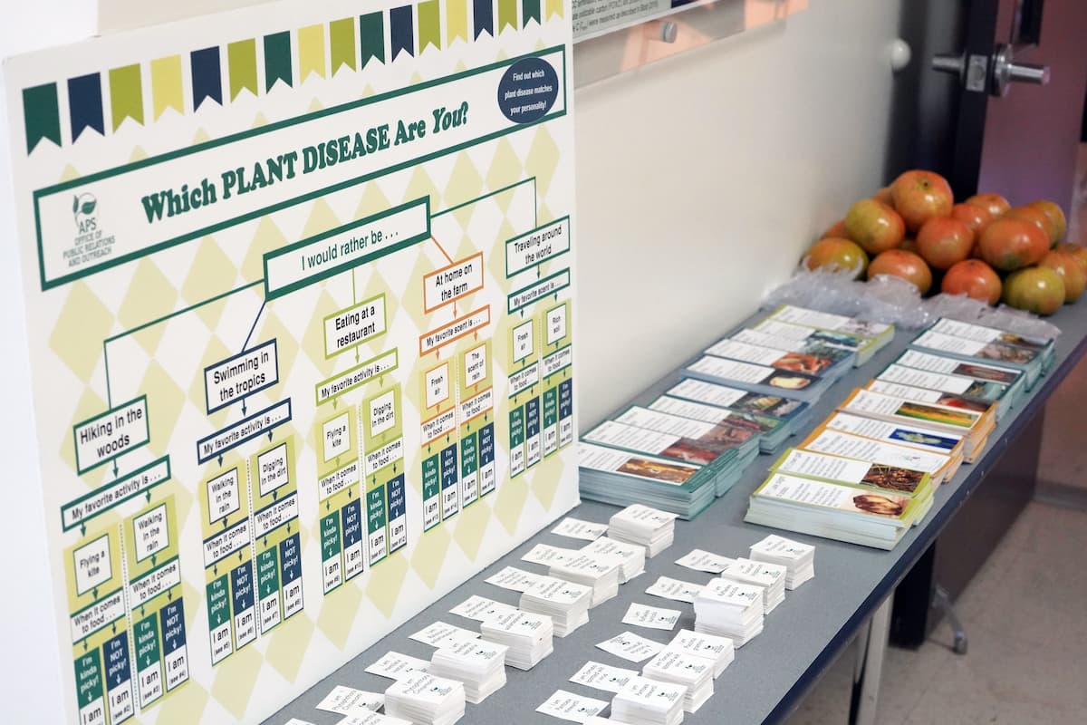 A colorful “Which Plant Disease Are You?” display stands beside stacks of educational brochures and small cards on a table.