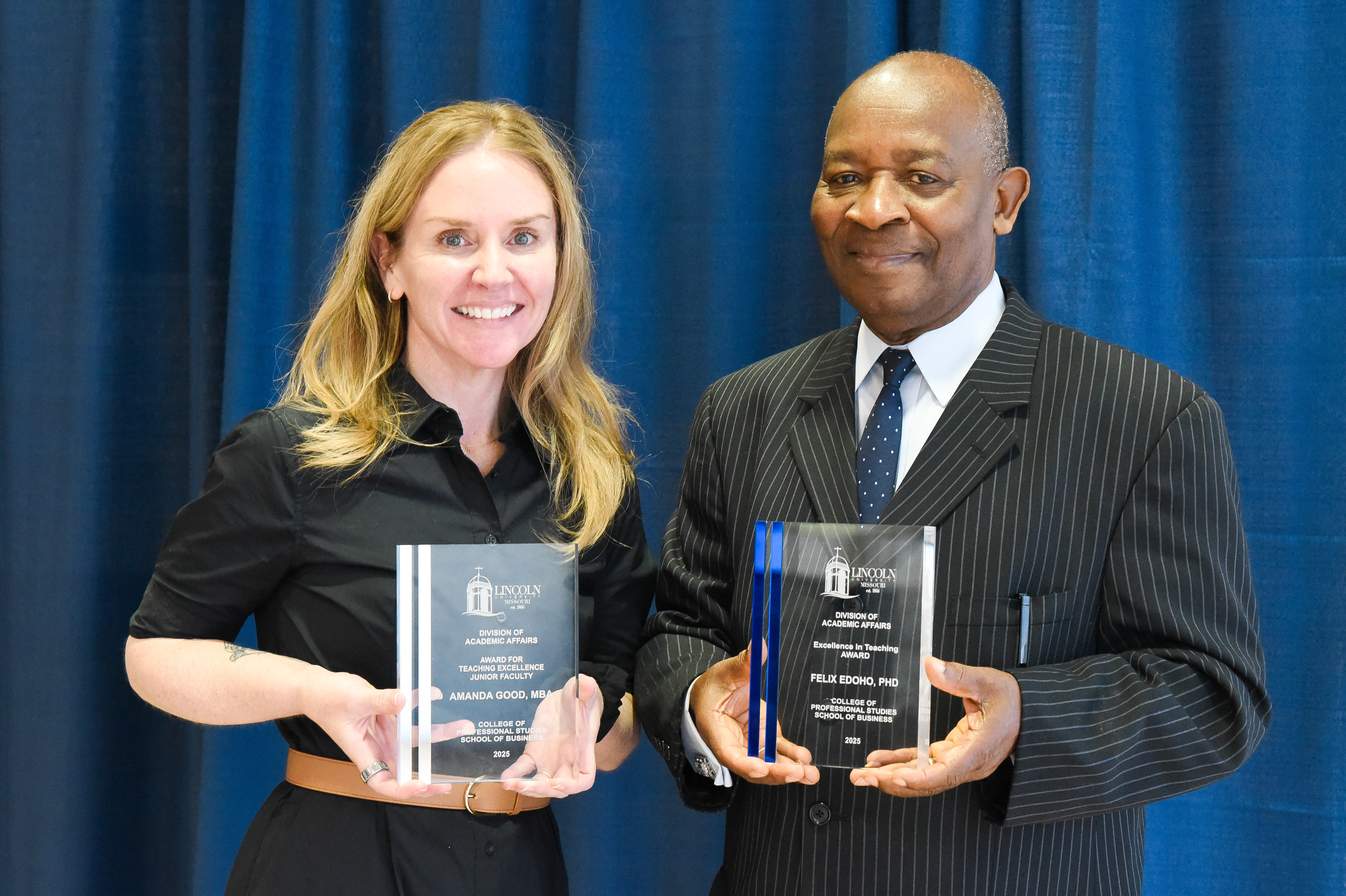 Amanda Good and Dr. Felix Edoho accept their awards during the 2025 Faculty Awards and Appreciation Luncheon on Tuesday, April 22.
